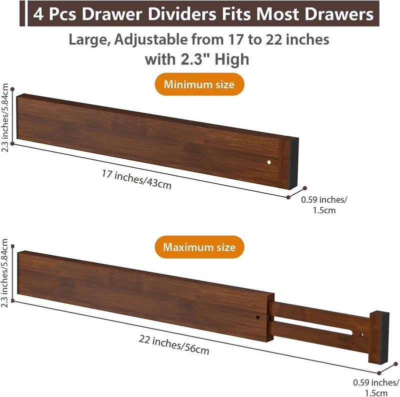 DUCOO 4 PCS Drawer Divider, 17"-22" Adjustable Bamboo Drawer Dividers Organizers, 2.3" High Expandable Separators for Kitchen, Clothes, Dressers, Home, Office, Mocha - Image 2